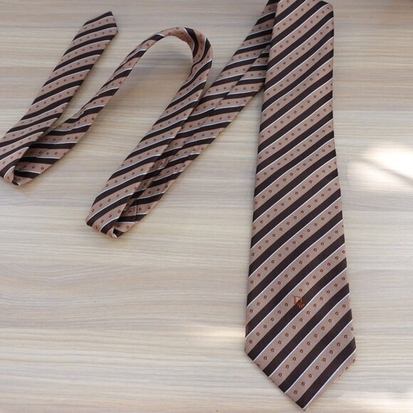 Christian Dior Neck Tie Mens Brown Striped Silk Logo Initial Flower Rustic Short - Picture 1 of 10